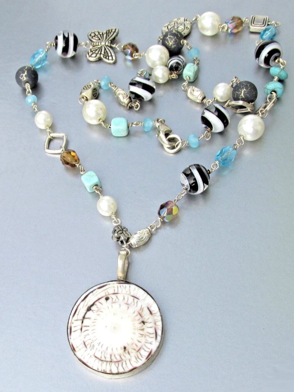 Vintage Sterling Silver Pearl, Turquoise, Crystal Bead Shell Pendant Necklace